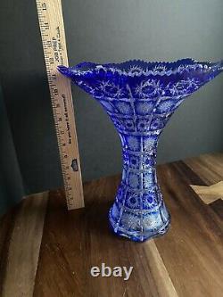 Large Caesar Crystal Bohemiae Vase Blue Cut To Clear Paula Collection 11.5