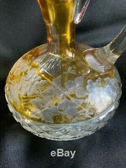 Large Czech Bohemian Crystal Glass Decanter Amber Cut to Clear withGrapes & Vines