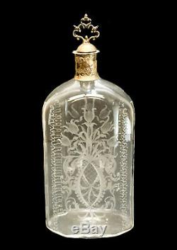 Large Vitali Bruno Italian 800 Silver Mounted Cut Glass Etched Decanter Bottle