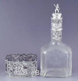 Late 1800s/early 1900s German Silver Overlay Cut Glass Decanter Bottle