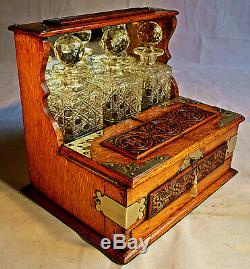 Late Victorian Oak 3 Decanter Tantalus with Games Drawer & Key