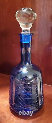 Lead Crystal Cobalt Blue Cut To Clear Decanter & 6 Cordial Glasses