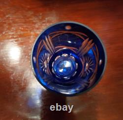 Lead Crystal Cobalt Blue Cut To Clear Decanter & 6 Cordial Glasses