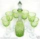 Leaded Crystal Decanter & Six (6) Stems Green Hand Cut To Clear (16)