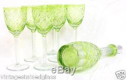 Leaded Crystal Decanter & Six (6) stems Green Hand Cut to Clear (16)