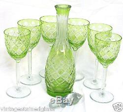 Leaded Crystal Decanter & Six (6) stems Green Hand Cut to Clear (16)