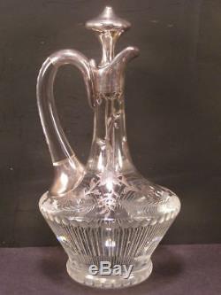 Lg 1800s Sterling Silver Overlay Cut Etched Blown Glass Bottle Pitcher Decanter