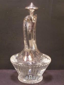 Lg 1800s Sterling Silver Overlay Cut Etched Blown Glass Bottle Pitcher Decanter