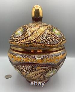 Lg Bohemian Covered Cut Glass Bowl Enameled Cut Bonbonniere Ottoman Persian