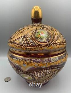 Lg Bohemian Covered Cut Glass Bowl Enameled Cut Bonbonniere Ottoman Persian