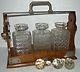 Light Oak Wooden Three Bottle Tantalus With 3 Decanters/stoppers Vintage