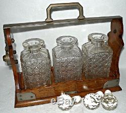 Light Oak Wooden Three Bottle Tantalus with 3 Decanters/Stoppers VINTAGE