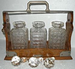 Light Oak Wooden Three Bottle Tantalus with 3 Decanters/Stoppers VINTAGE