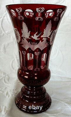Lobmyer 1920's Antique Ruby Red Cut Etched Glass Vase Large Heavy 11-3/4 Tall