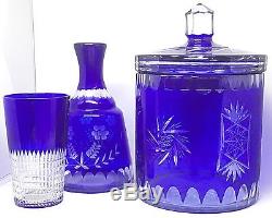 Lot 4 Pc CUT CRYSTAL COBALT BLUE BOHEMIAM GLASS DECANTER & ICE BUCKET WOW