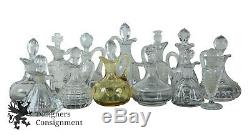 Lot of 13 Vintage Vinegar Decanters Pressed Glass Cut Crystal Cruets w Stoppers
