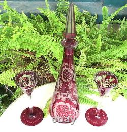 Lovely Czech Bohemian Ruby Cut To Clear Decanter & 2 Cordials Set