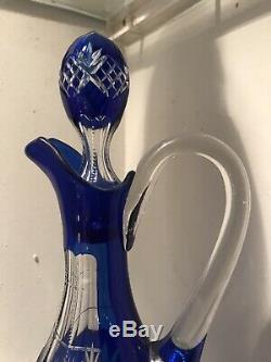 Lovely Vintage Cobalt Blue Bohemian Cut to Clear Glass Decanter 14 Tall