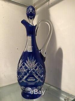 Lovely Vintage Cobalt Blue Bohemian Cut to Clear Glass Decanter 14 Tall