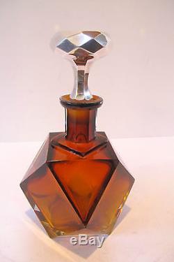 MAGNIFICENT QUALITY ART DECO AMBER CUT GLASS DECANTER with STERLING STOPPER
