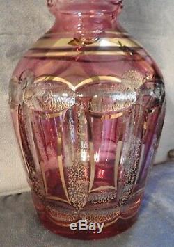 MASSIVE Antique Bohemian Moser Cut Cranberry with Gold Glass Bottle Decanter