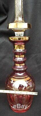 MASSIVE Antique Bohemian Moser Cut Cranberry with Gold Glass Bottle Decanter