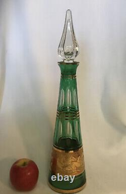 MCM Green Cut To Clear Decanter Gold Frieze Man On Horse Crystal Stopper 16