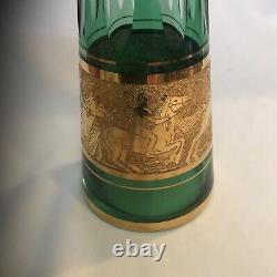 MCM Green Cut To Clear Decanter Gold Frieze Man On Horse Crystal Stopper 16