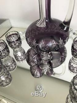 MOSER Amethyst Purple cased cut to clear Decanter & 6 SHOT / CORDIALS