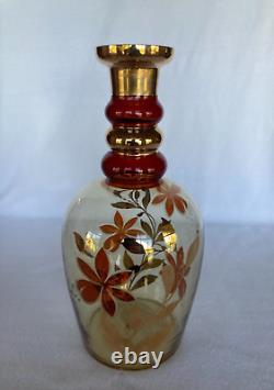 MOSER Bohemian Glass Gold Gilt Cut Glass Amber Steeple Decanter 19 1/2 Inch