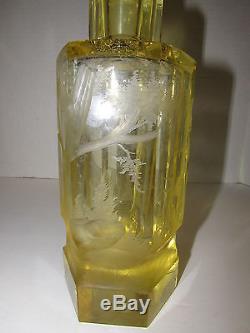 MOSER CANARY YELLOW WHEEL CUT DECANTER CRYSTAL with STOPPER