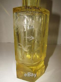 MOSER CANARY YELLOW WHEEL CUT DECANTER CRYSTAL with STOPPER