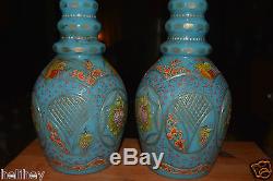 Magnificent pair of large Bohemian hand cut and enameled Opaline glass decanter