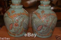Magnificent pair of large Bohemian hand cut and enameled Opaline glass decanter