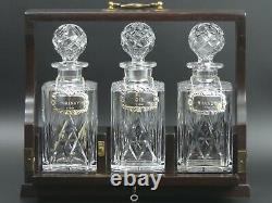 Mahogany Three Bottle Tantalus With Silver Decanter Lables Whisky, Gin, Brandy