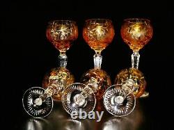 Marsala Amber Gold Cut To Clear Crystal Decanter & 6 Wine Glass Set