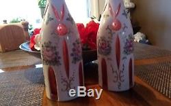 Matching Pair of Bohemian Czech White cut to Cranberry Decanters with Stoppers