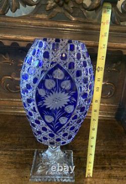 Mid Century Cobalt Bohemian Cut To Clear Crystal Vase Floral Foliate Signed