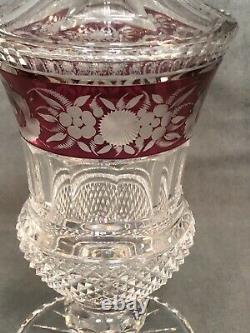 Midcentury French Cut Glass Decanter with Red Floral Motifs Saint Louis Style