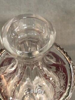 Midcentury French Cut Glass Decanter with Red Floral Motifs Saint Louis Style