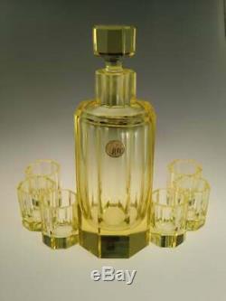 Moser Amber Yellow Cut Glass Decanter and Shot Glasses Liqueur Set Art Deco