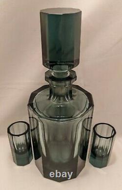 Moser Czech Bohemian Geometric Cut Glass Decanter & Glasses. Smokey Blue/Green