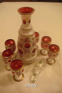 Moser Czech Cranberry Decanter 11 with stopper, white cut to cranberry, 6 glasses