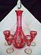 Moser Cranberry Cut Crystal Wine Decanter 4 Stems Enamel Flowers Cased Glass