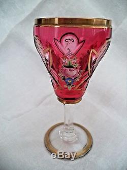 Moser cranberry cut crystal wine decanter 4 stems enamel flowers cased glass