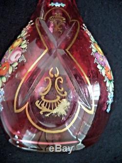 Moser cranberry cut crystal wine decanter 4 stems enamel flowers cased glass