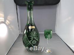 NATCHMANN CRYSTAL EMERALD GREEN CUT TO CLEAR PORT GLASSES AND DECANTER SET