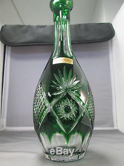 NATCHMANN CRYSTAL EMERALD GREEN CUT TO CLEAR PORT GLASSES AND DECANTER SET