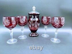 Nachtmann Cranberry Crystal Decanter and Wine Glasses Bohemian Cut to Clear Set