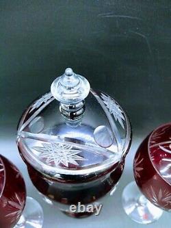Nachtmann Cranberry Crystal Decanter and Wine Glasses Bohemian Cut to Clear Set